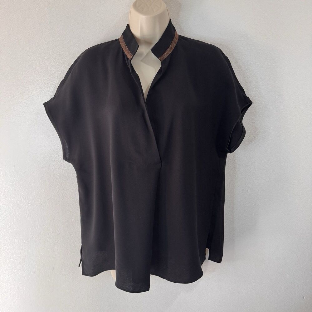 Lafayette 148 New York Shirt Blouse M 100% Silk Chiffon Black Bronze Trim V-neck